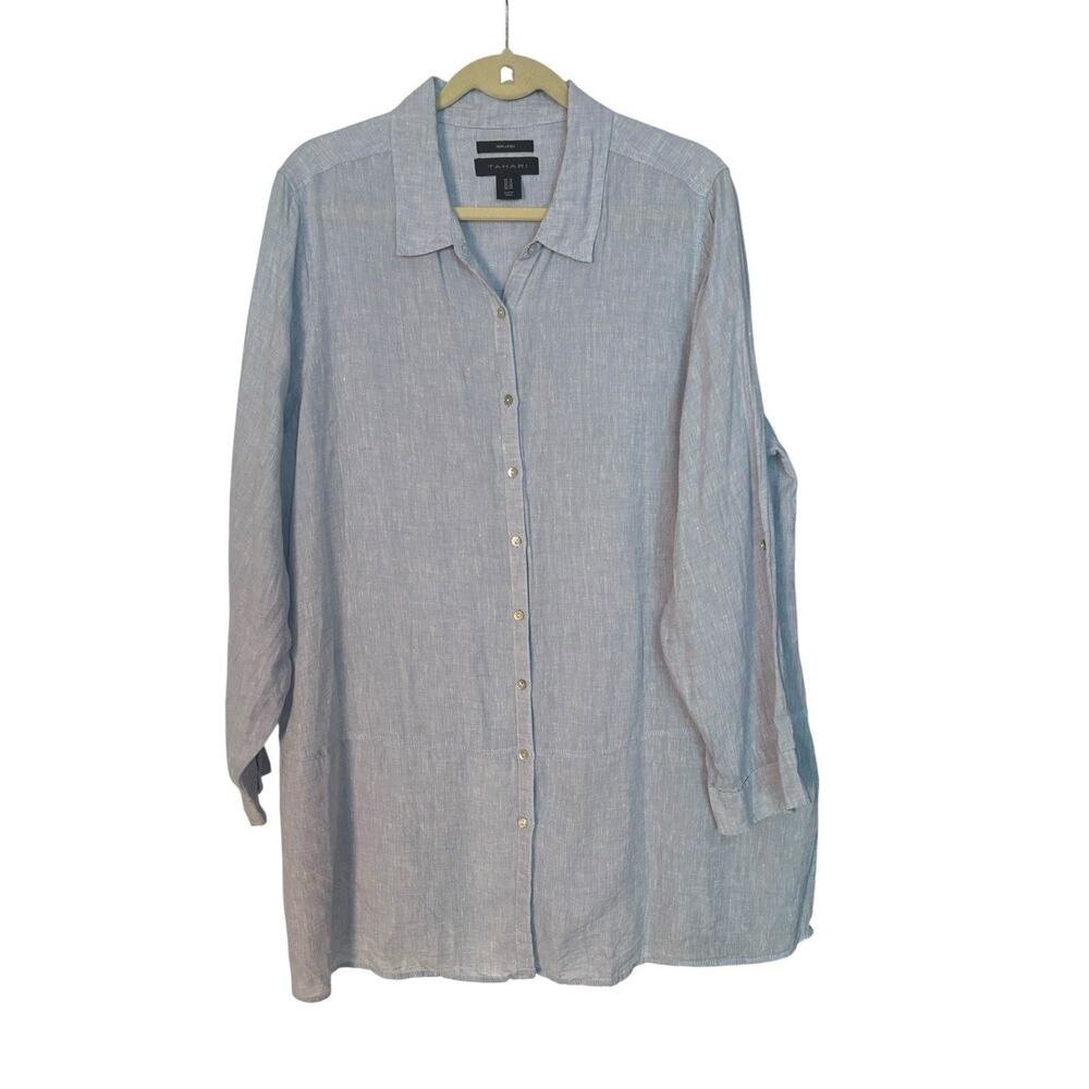 TAHARI 100% Linen Button Down Shirt Tunic Top Size 1X Roll Tab Long Sleeves